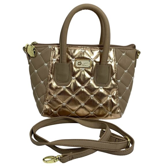 Betsey Johnson Taupe Gold Quilted Heart Embroidered Mini Shoulder Bag w/ Strap - Picture 1 of 10